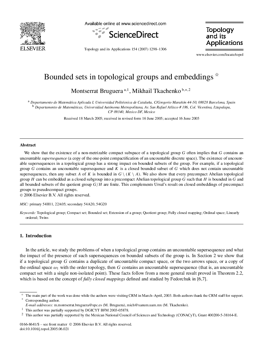 Bounded sets in topological groups and embeddings 