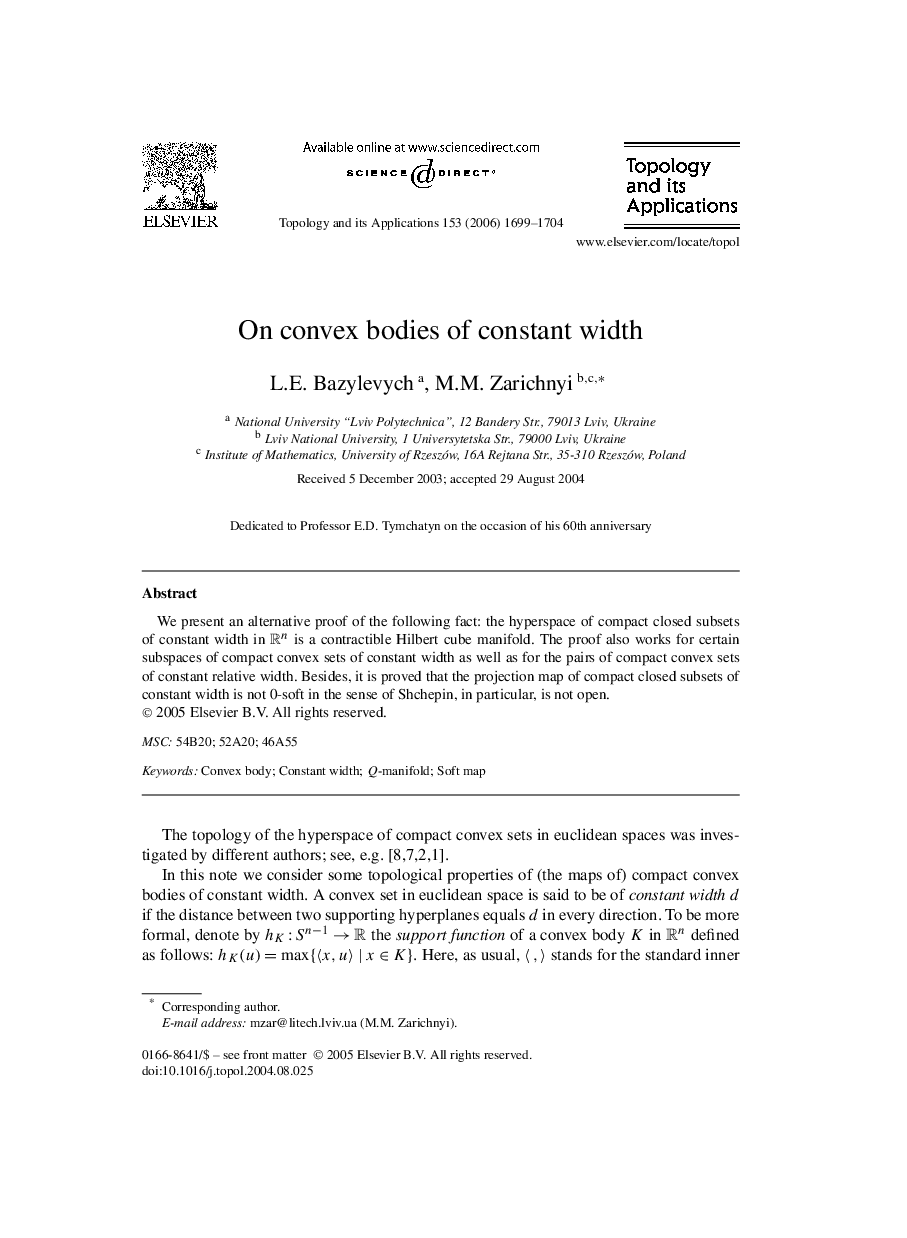 On convex bodies of constant width