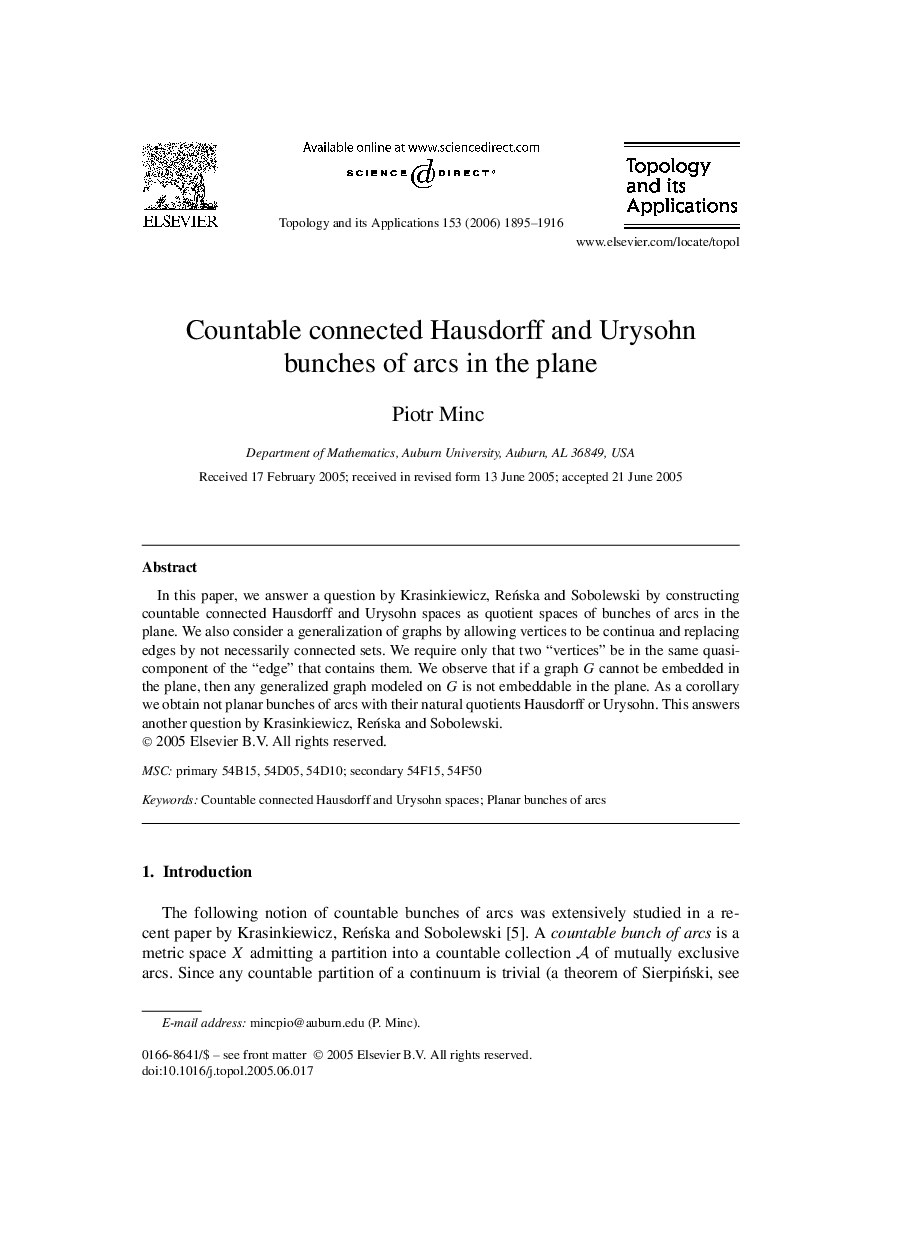 Countable connected Hausdorff and Urysohn bunches of arcs in the plane