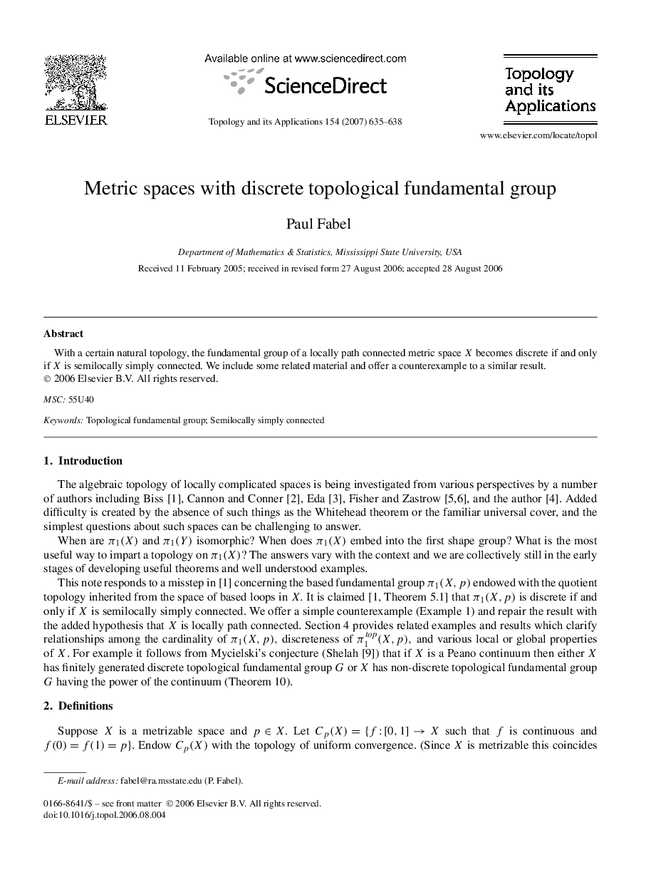 Metric spaces with discrete topological fundamental group