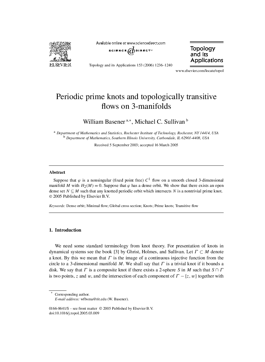 Periodic prime knots and topologically transitive flows on 3-manifolds