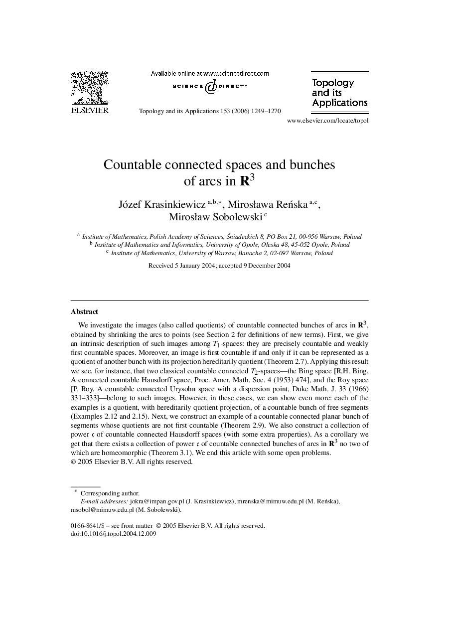 Countable connected spaces and bunches of arcs in R3