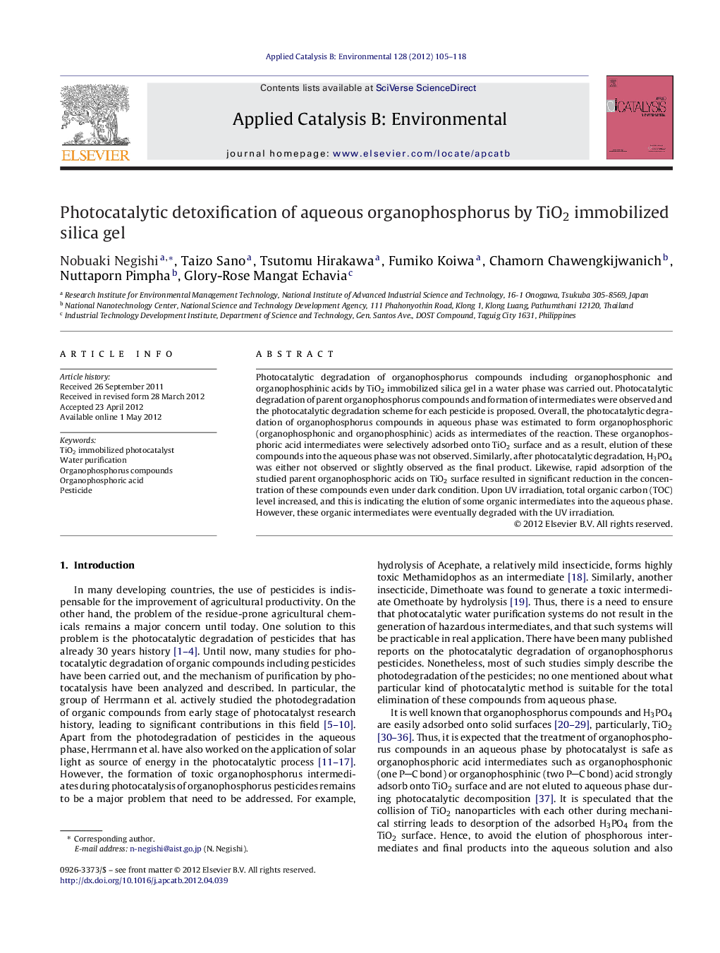 Photocatalytic detoxification of aqueous organophosphorus by TiO2 immobilized silica gel