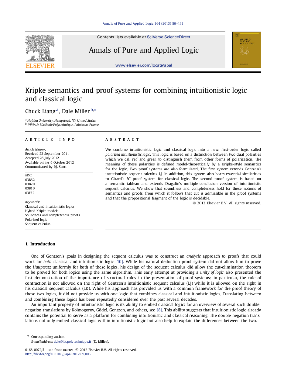 Kripke semantics and proof systems for combining intuitionistic logic and classical logic