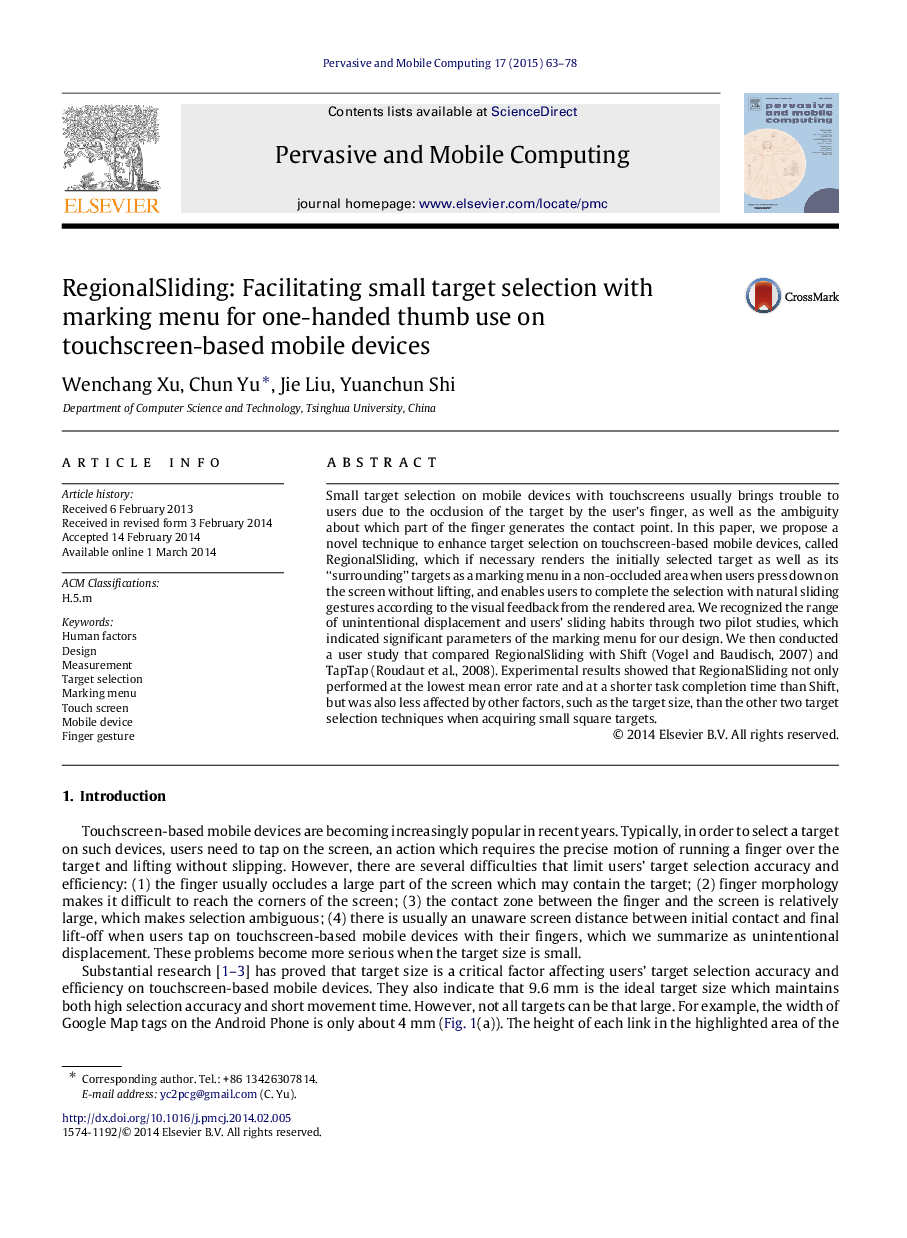 RegionalSliding: Facilitating small target selection with marking menu for one-handed thumb use on touchscreen-based mobile devices