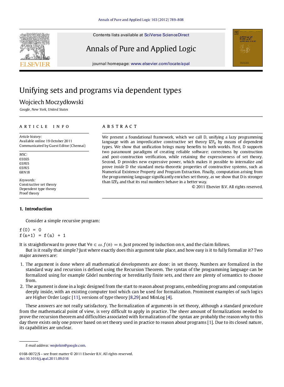 عکس صفحه اول مقاله: Unifying sets and programs via dependent types Unifying sets and programs via dependent types