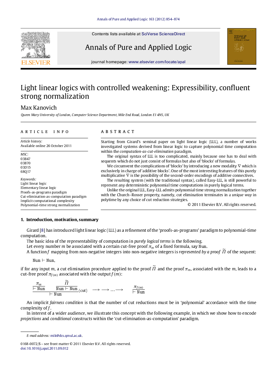 عکس صفحه اول مقاله: Light linear logics with controlled weakening: Expressibility, confluent strong normalization Light linear logics with controlled weakening: Expressibility, confluent strong normalization