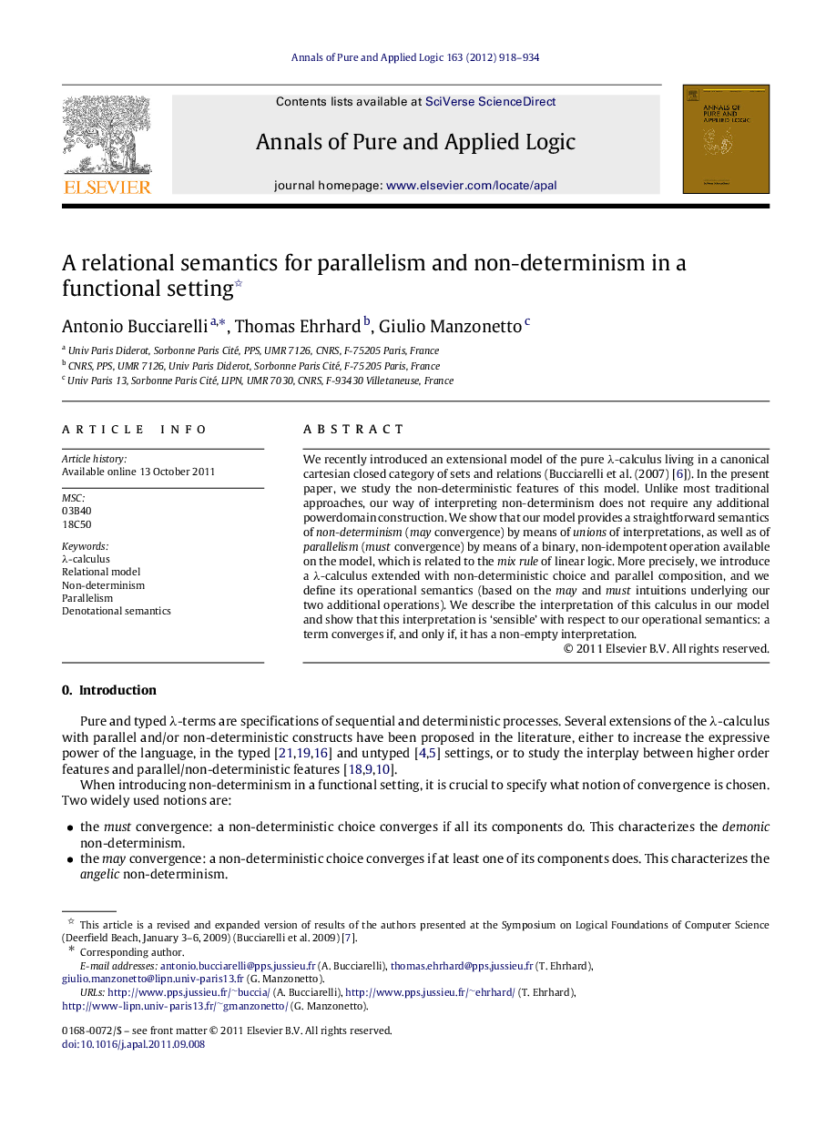 عکس صفحه اول مقاله: A relational semantics for parallelism and non-determinism in a functional setting A relational semantics for parallelism and non-determinism in a functional setting
