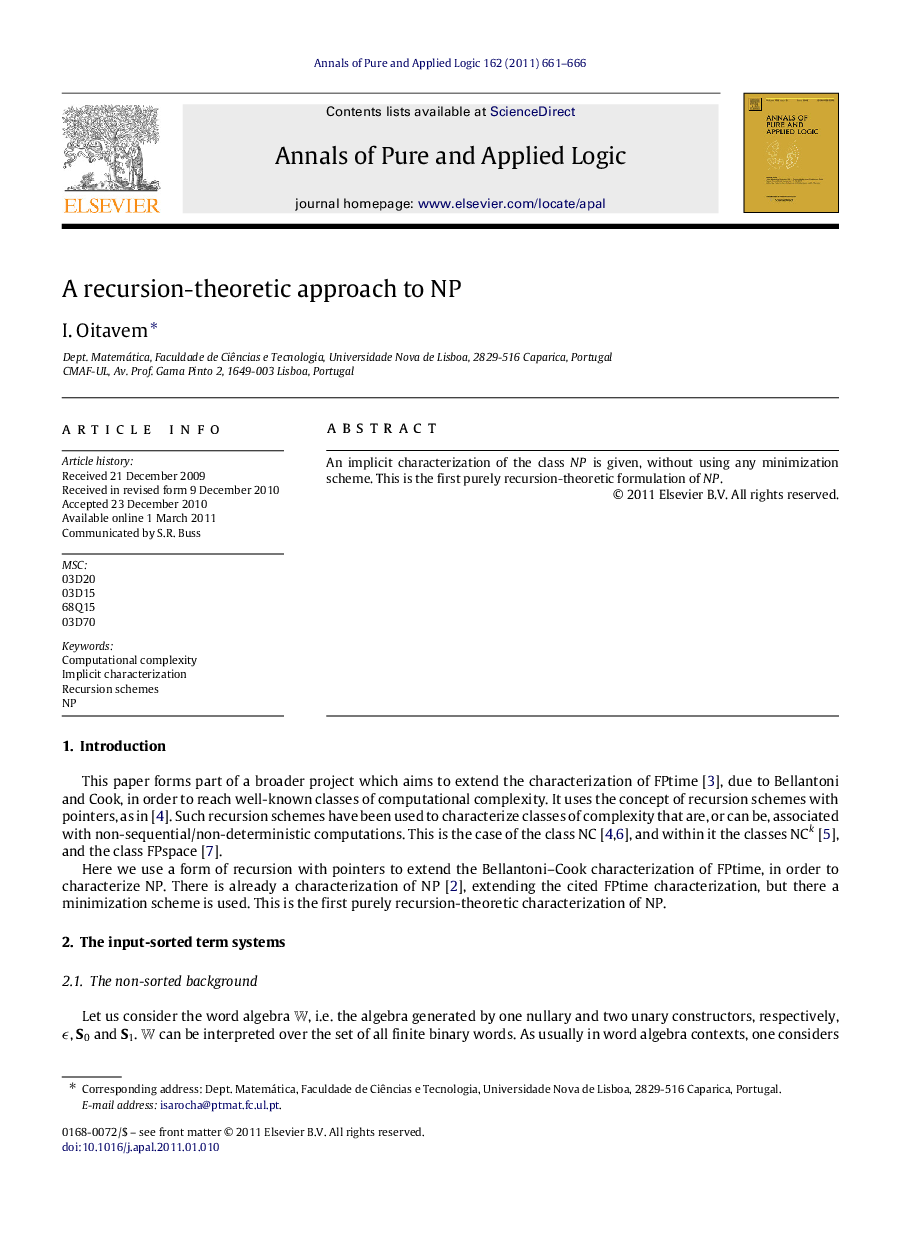 عکس صفحه اول مقاله: A recursion-theoretic approach to NP A recursion-theoretic approach to NP