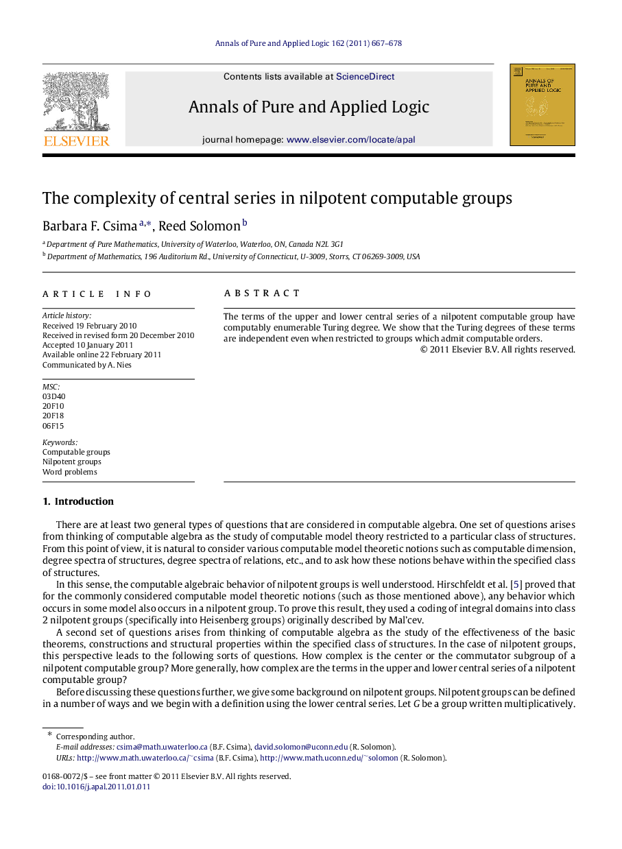 عکس صفحه اول مقاله: The complexity of central series in nilpotent computable groups The complexity of central series in nilpotent computable groups