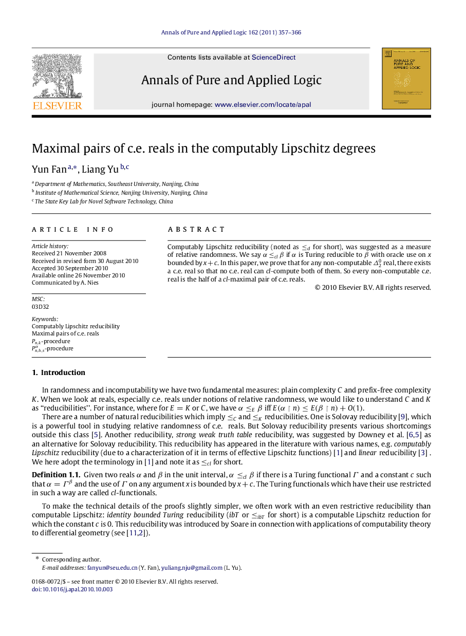 عکس صفحه اول مقاله: Maximal pairs of c.e. reals in the computably Lipschitz degrees Maximal pairs of c.e. reals in the computably Lipschitz degrees