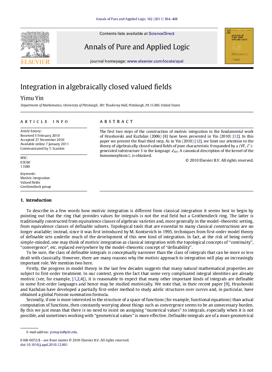 Integration in algebraically closed valued fields