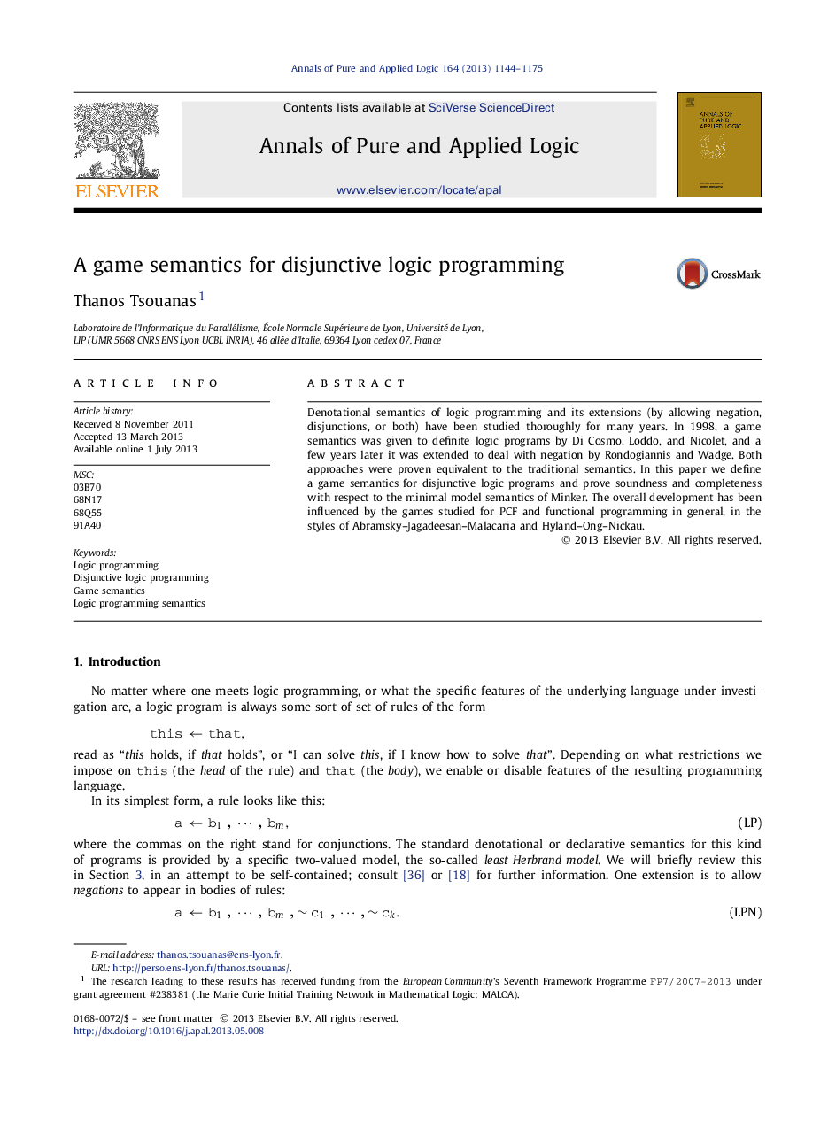 A game semantics for disjunctive logic programming