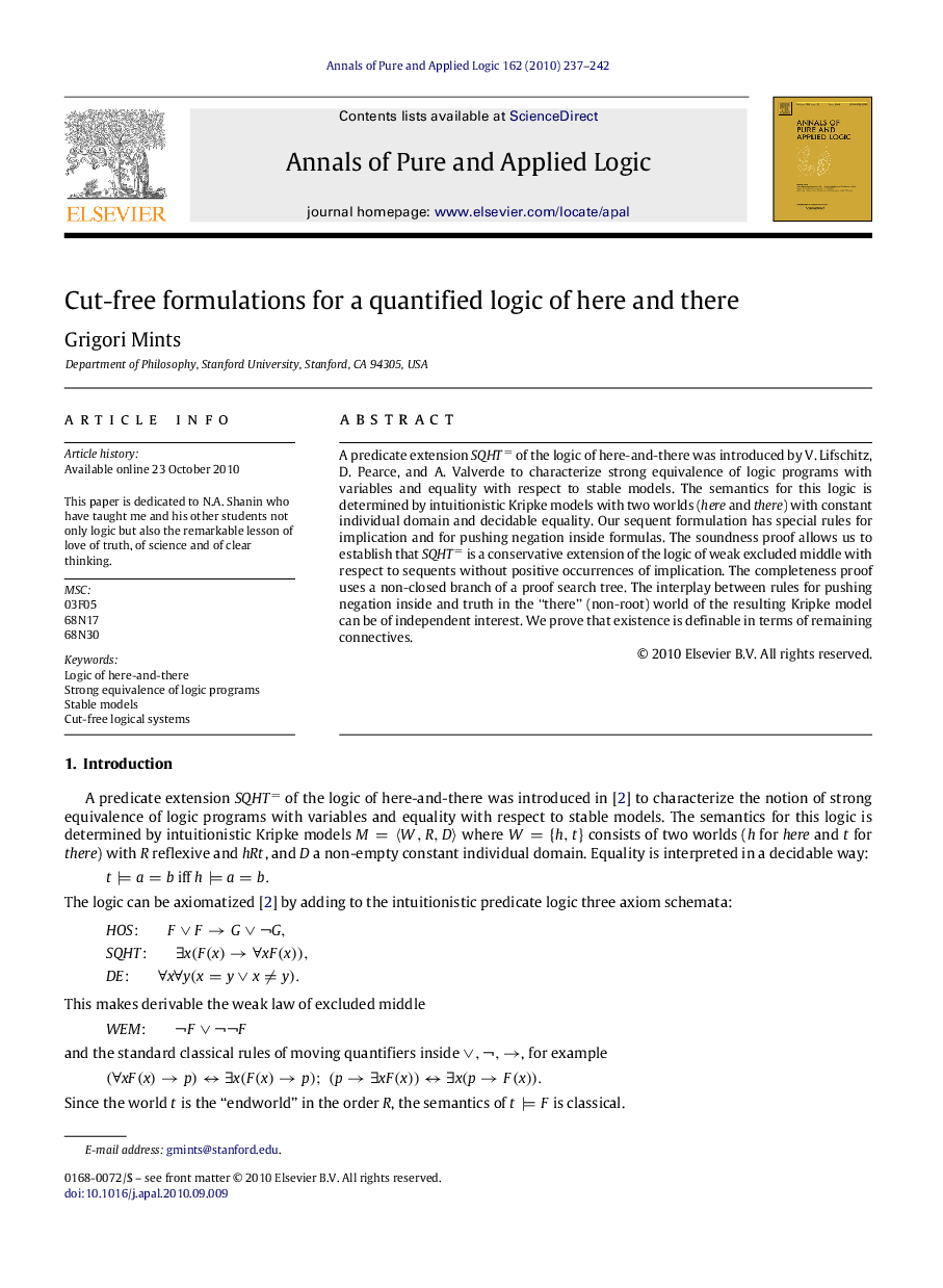 Cut-free formulations for a quantified logic of here and there