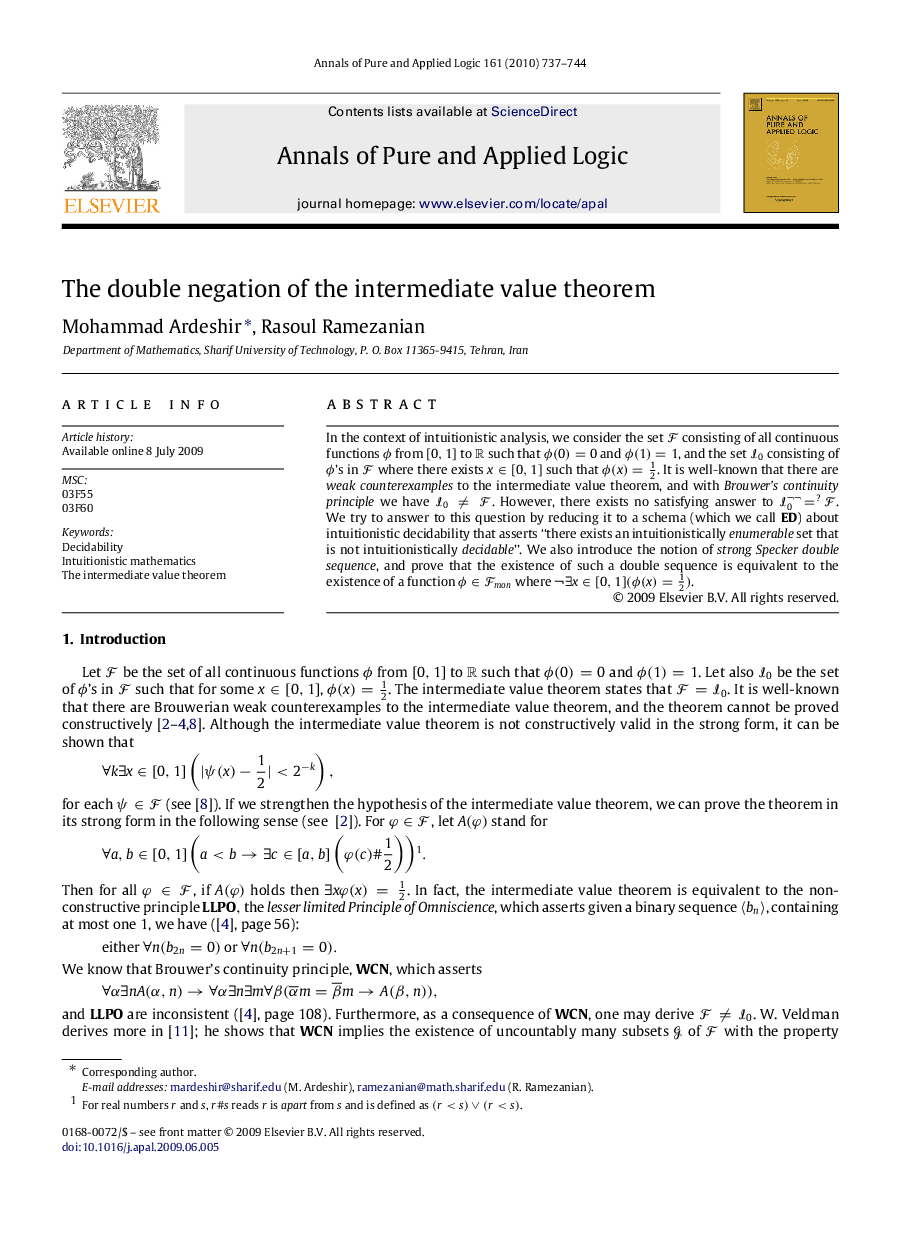 The double negation of the intermediate value theorem