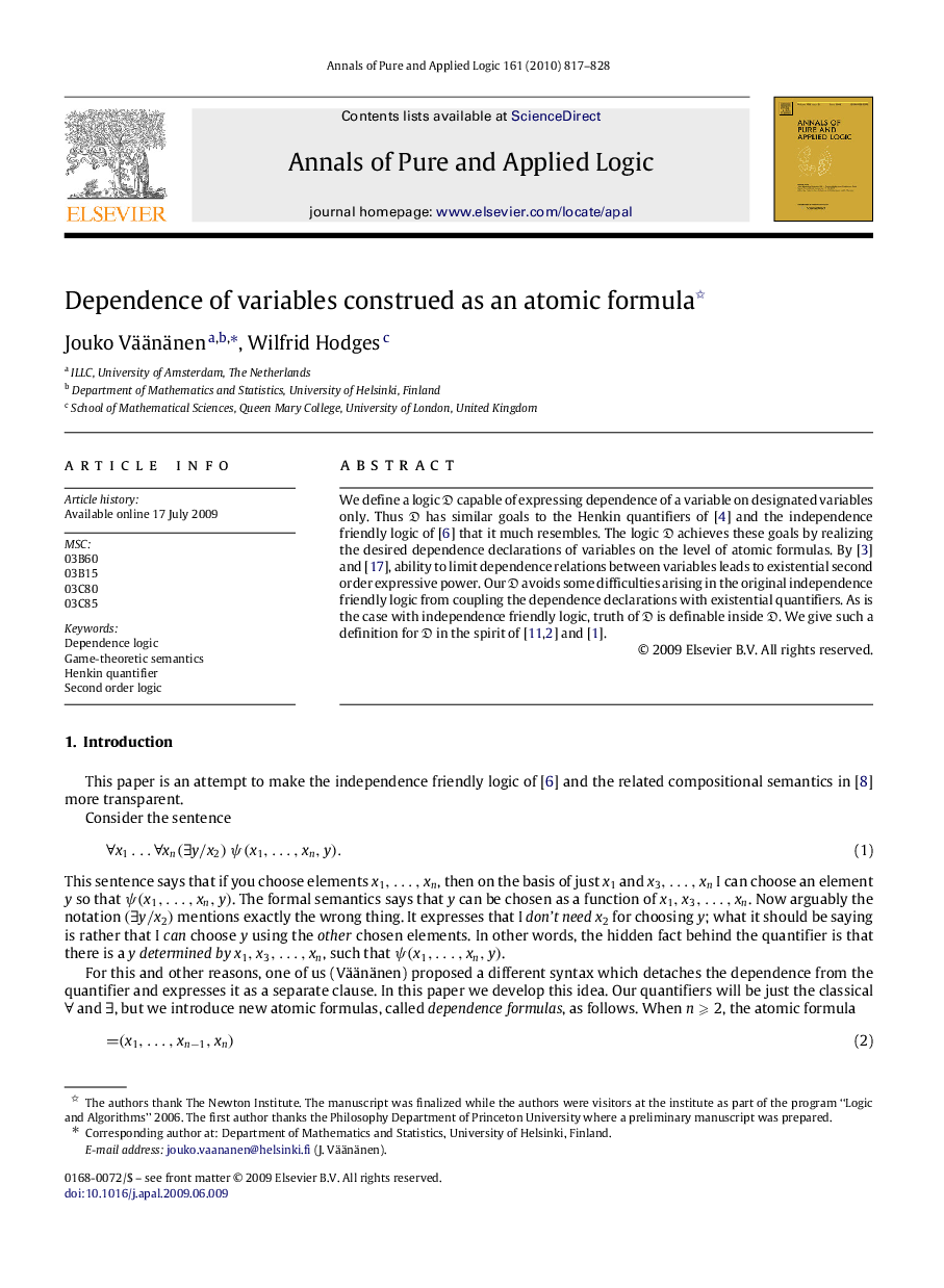 Dependence of variables construed as an atomic formula 