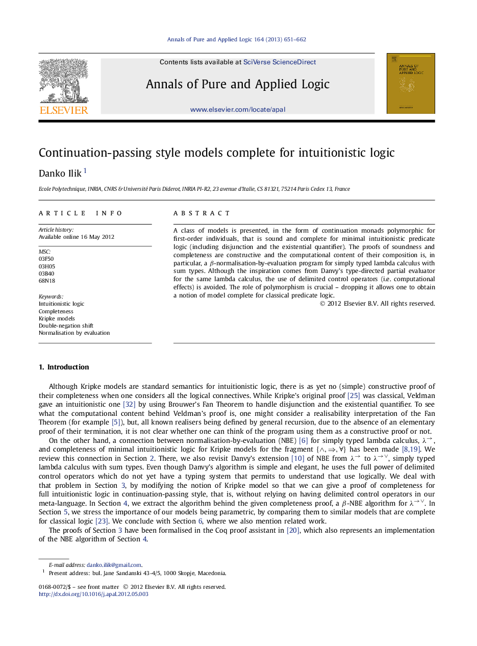 Continuation-passing style models complete for intuitionistic logic