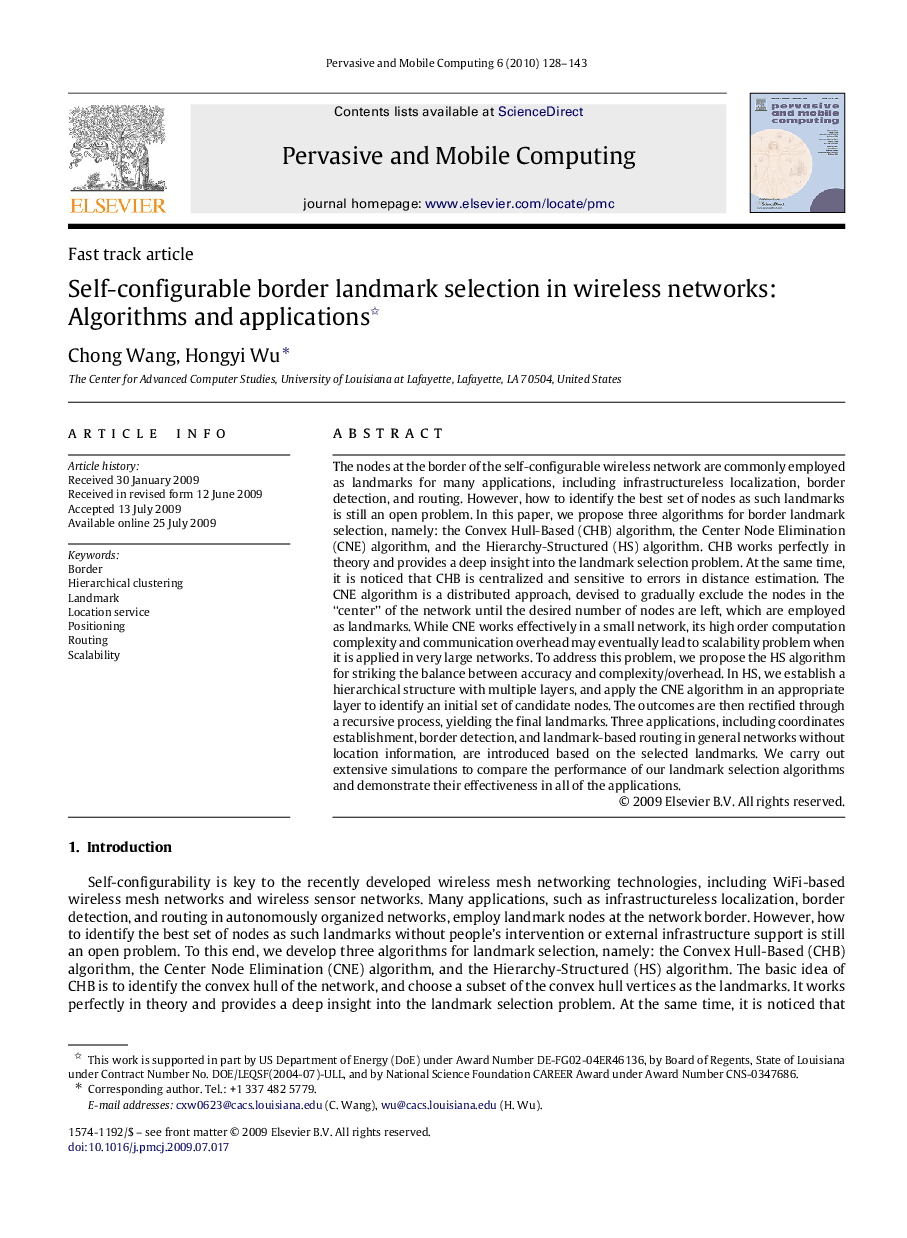 Self-configurable border landmark selection in wireless networks: Algorithms and applications 