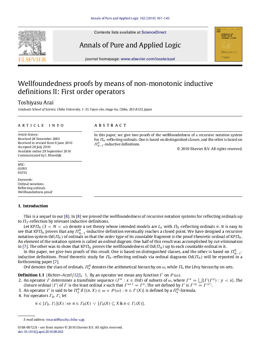 عکس صفحه اول مقاله: Wellfoundedness proofs by means of non-monotonic inductive definitions II: First order operators Wellfoundedness proofs by means of non-monotonic inductive definitions II: First order operators