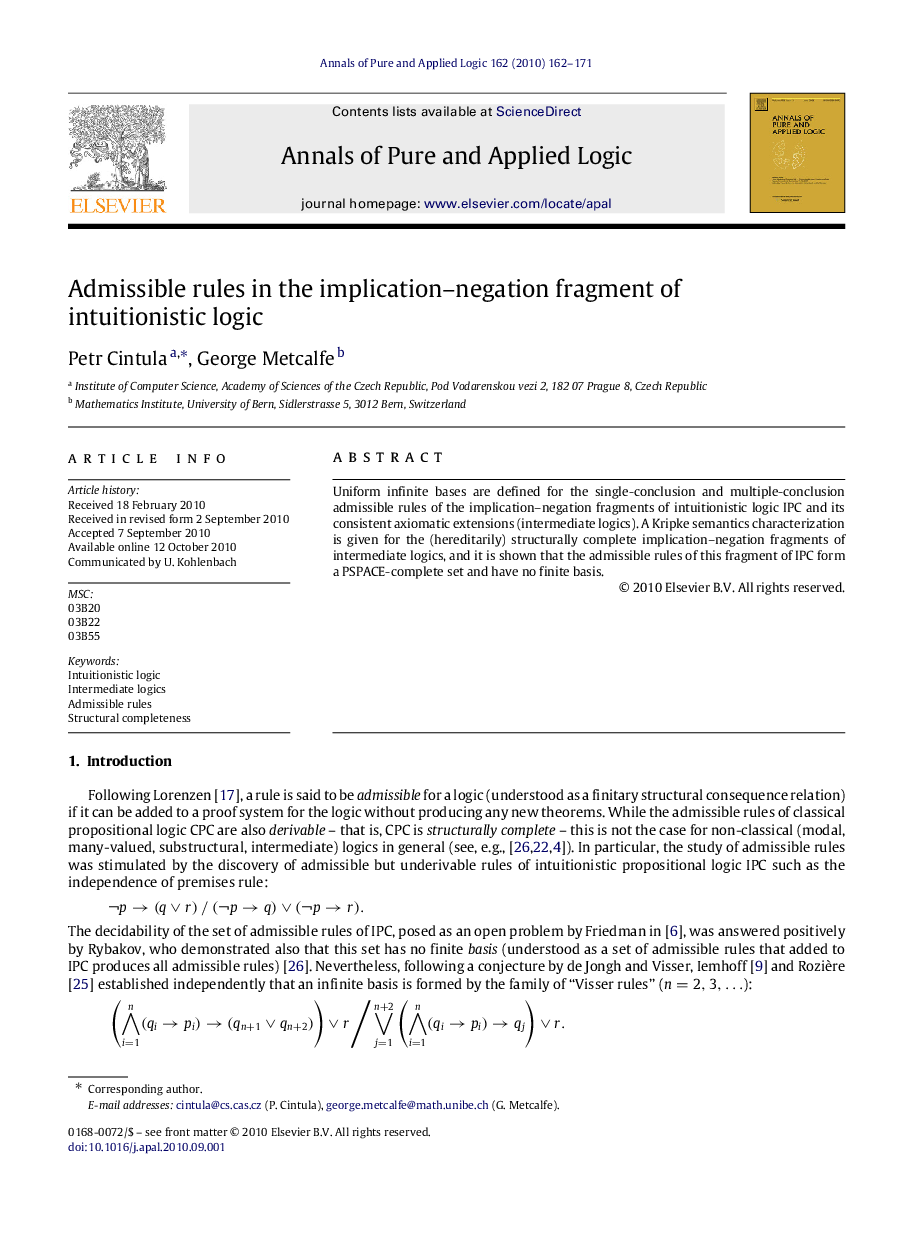عکس صفحه اول مقاله: Admissible rules in the implication–negation fragment of intuitionistic logic Admissible rules in the implication–negation fragment of intuitionistic logic