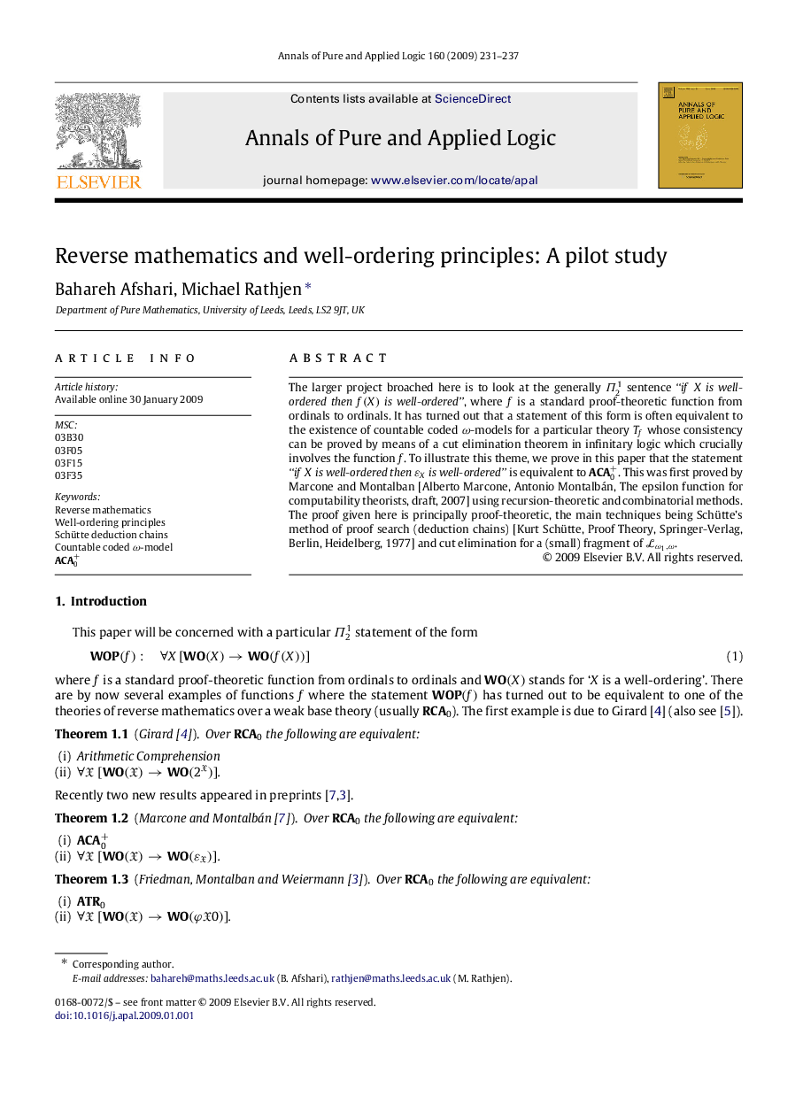 عکس صفحه اول مقاله: Reverse mathematics and well-ordering principles: A pilot study Reverse mathematics and well-ordering principles: A pilot study
