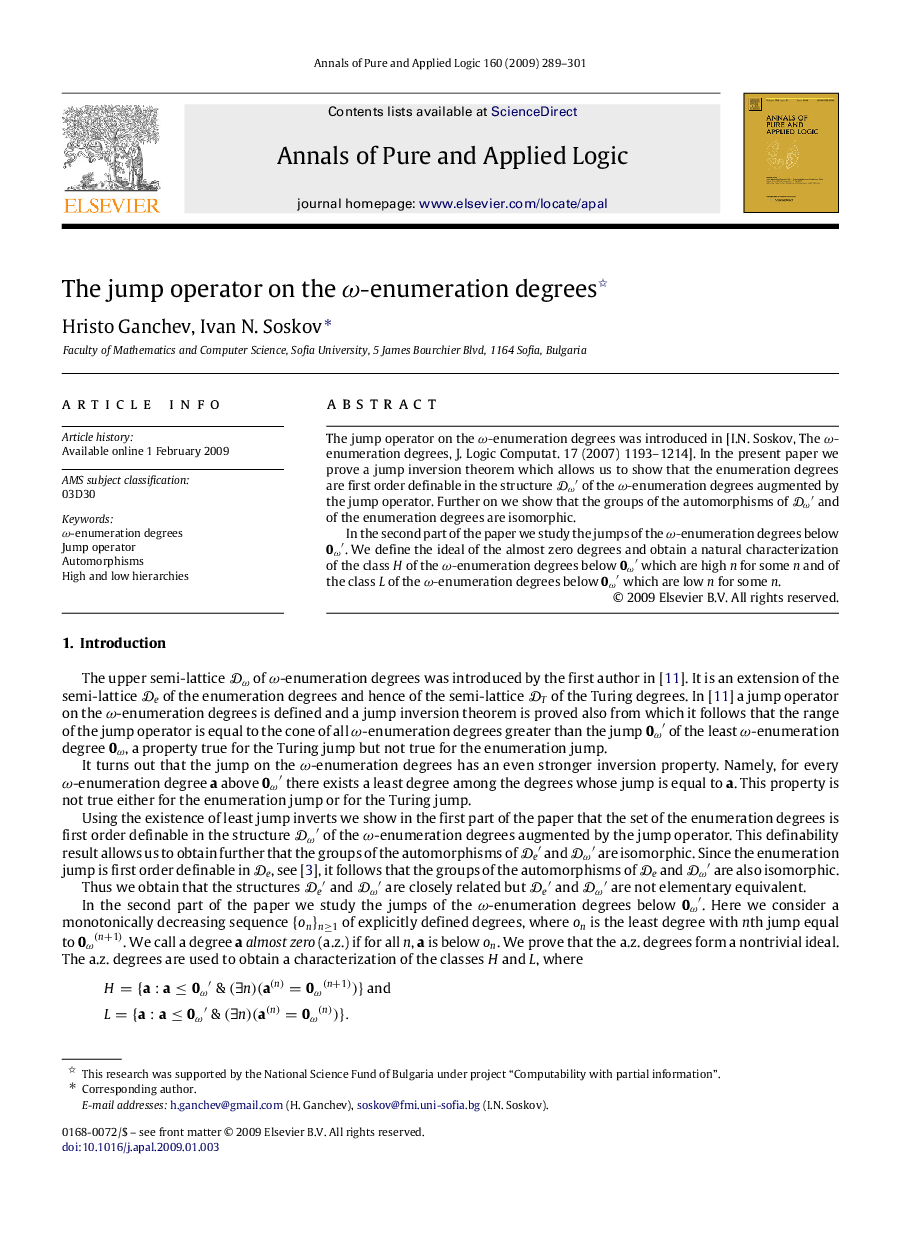 عکس صفحه اول مقاله: The jump operator on the ω-enumeration degrees The jump operator on the ω-enumeration degrees