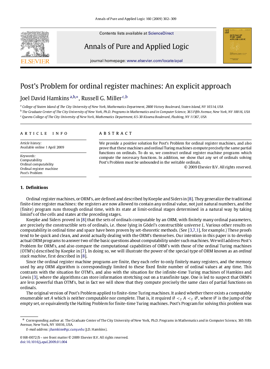 عکس صفحه اول مقاله: Post’s Problem for ordinal register machines: An explicit approach Post’s Problem for ordinal register machines: An explicit approach