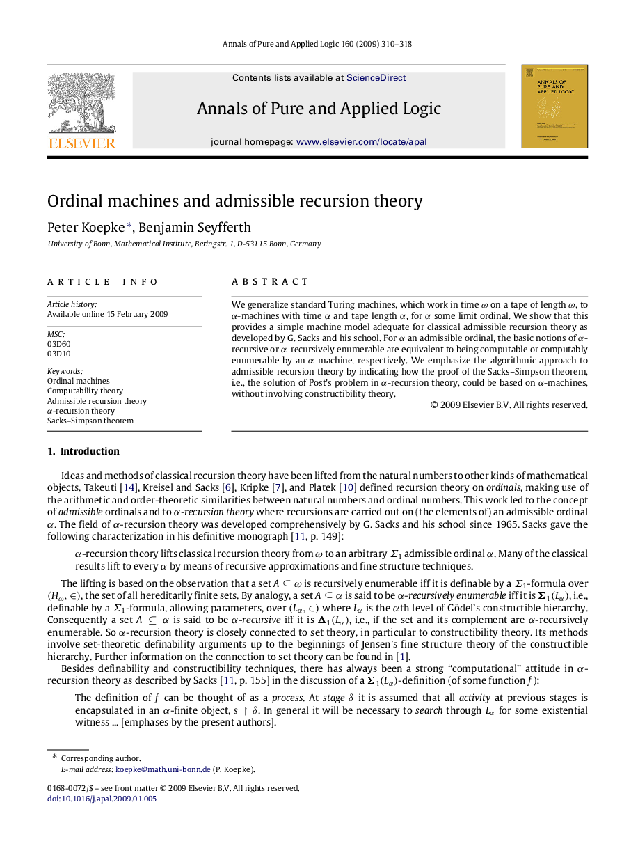 Ordinal machines and admissible recursion theory