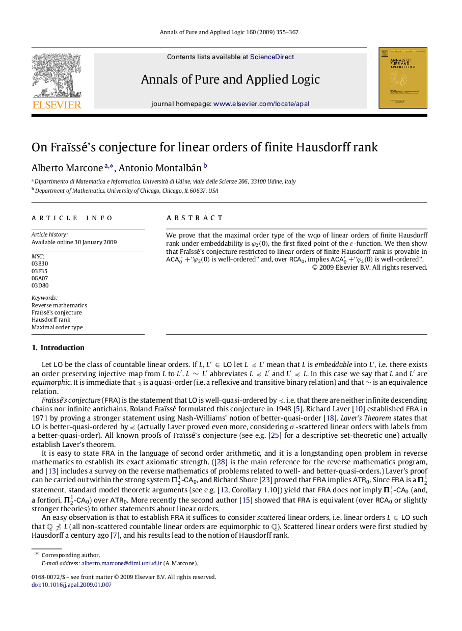 عکس صفحه اول مقاله: On Fraïssé’s conjecture for linear orders of finite Hausdorff rank On Fraïssé’s conjecture for linear orders of finite Hausdorff rank
