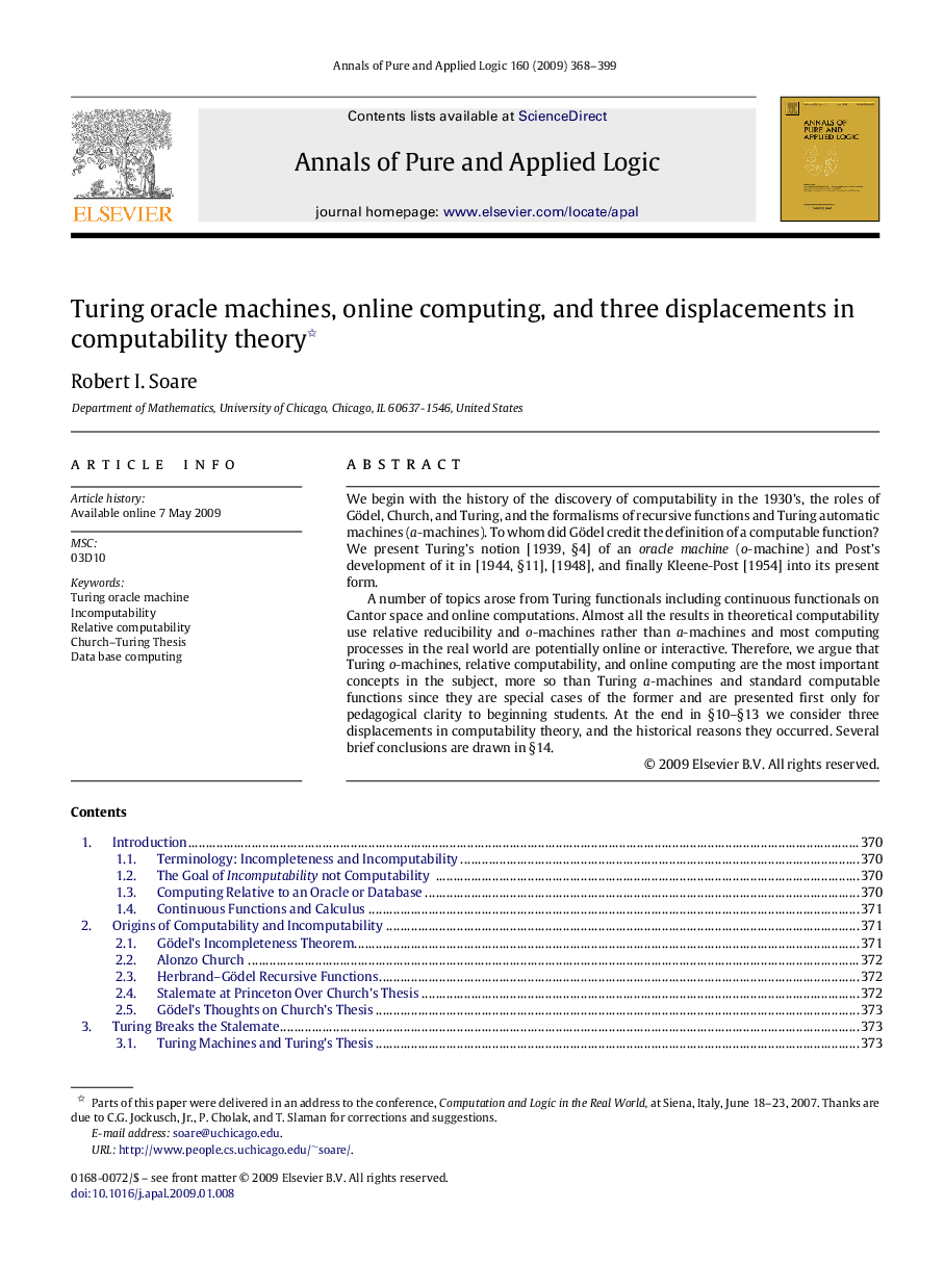 عکس صفحه اول مقاله: Turing oracle machines, online computing, and three displacements in computability theory Turing oracle machines, online computing, and three displacements in computability theory