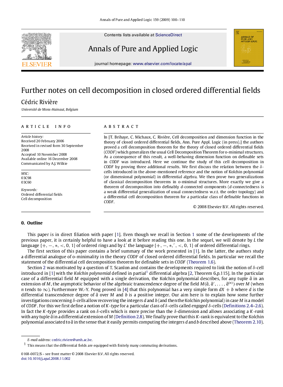 عکس صفحه اول مقاله: Further notes on cell decomposition in closed ordered differential fields Further notes on cell decomposition in closed ordered differential fields