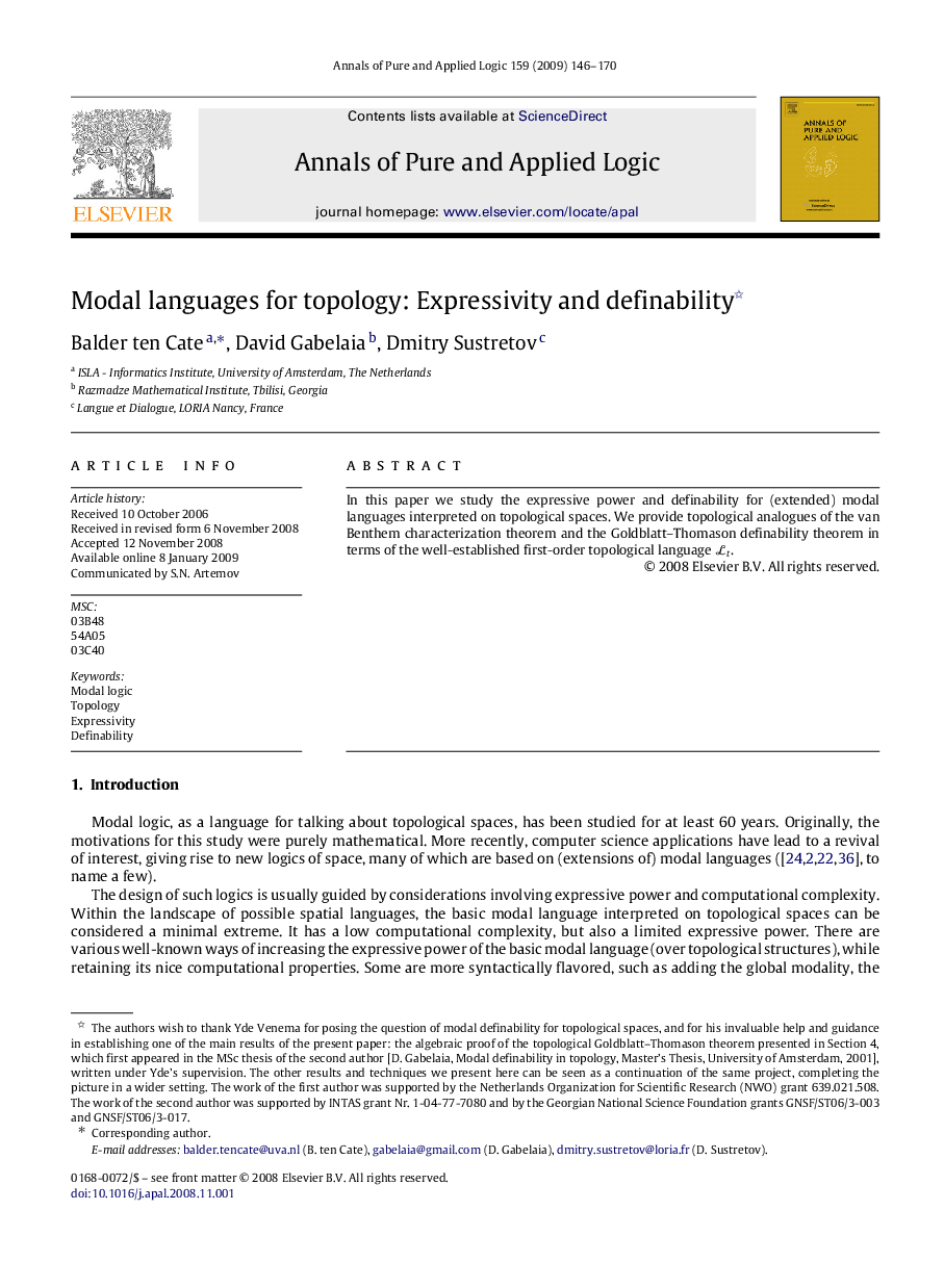 عکس صفحه اول مقاله: Modal languages for topology: Expressivity and definability Modal languages for topology: Expressivity and definability