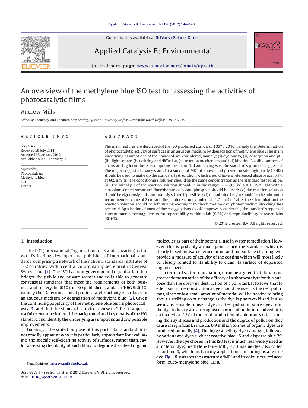 عکس صفحه اول مقاله: An overview of the methylene blue ISO test for assessing the activities of photocatalytic films An overview of the methylene blue ISO test for assessing the activities of photocatalytic films