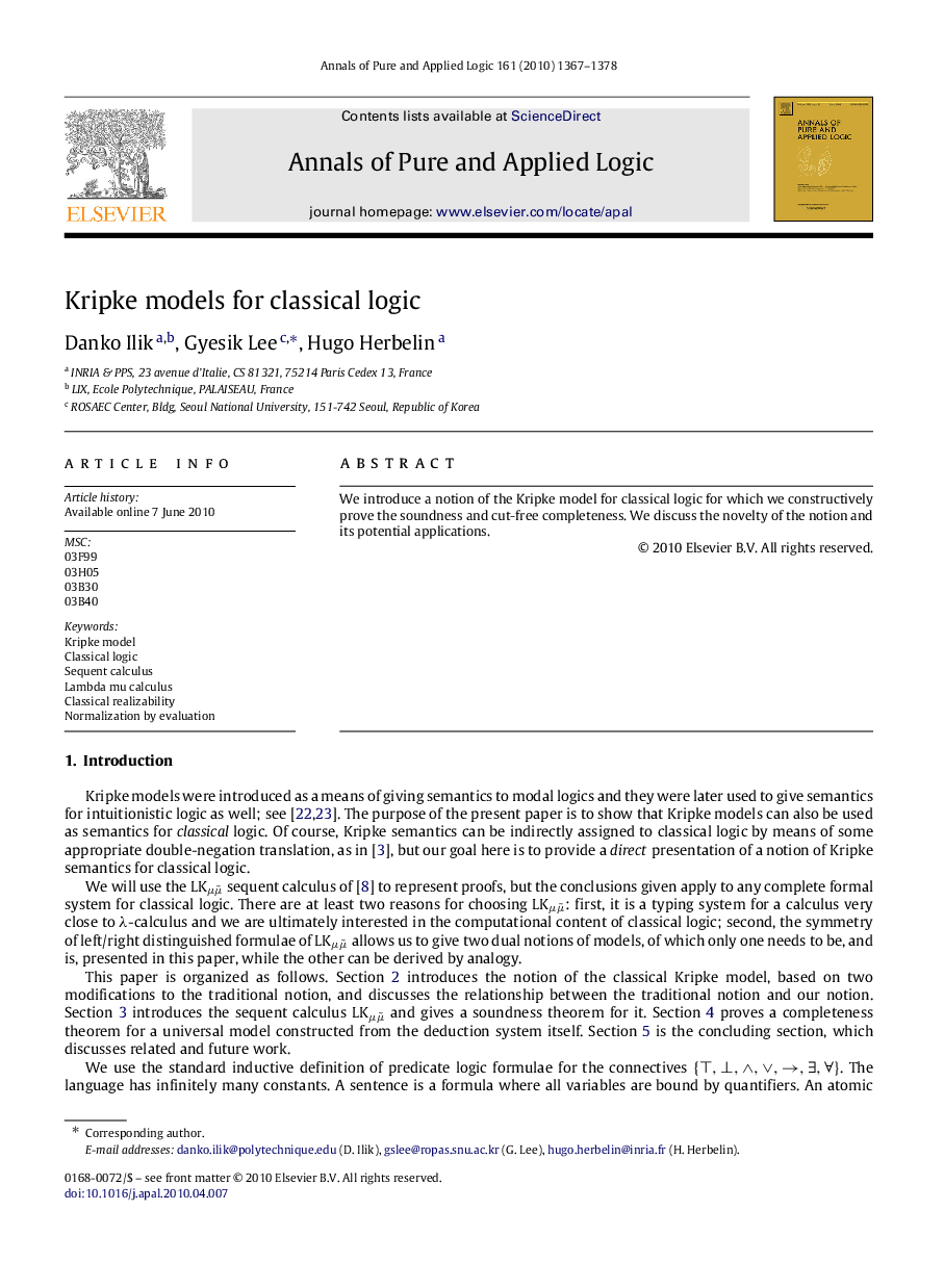 Kripke models for classical logic