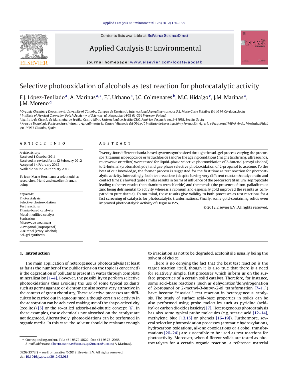 Selective photooxidation of alcohols as test reaction for photocatalytic activity