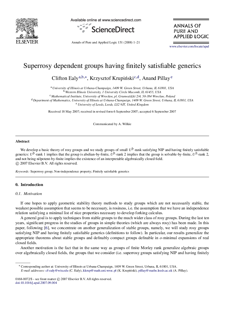 عکس صفحه اول مقاله: Superrosy dependent groups having finitely satisfiable generics Superrosy dependent groups having finitely satisfiable generics