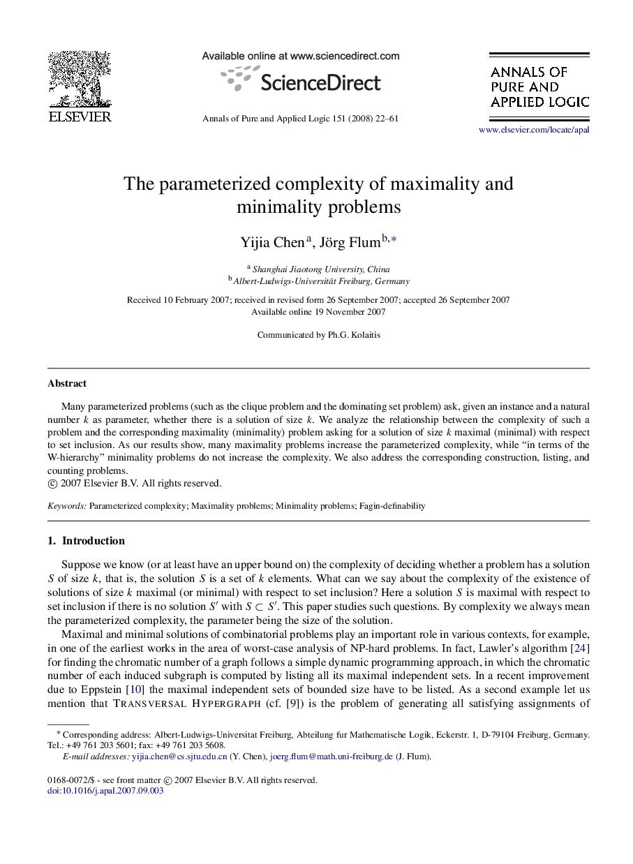 عکس صفحه اول مقاله: The parameterized complexity of maximality and minimality problems The parameterized complexity of maximality and minimality problems