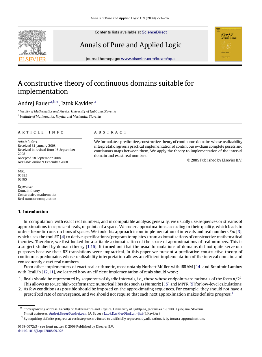 عکس صفحه اول مقاله: A constructive theory of continuous domains suitable for implementation A constructive theory of continuous domains suitable for implementation