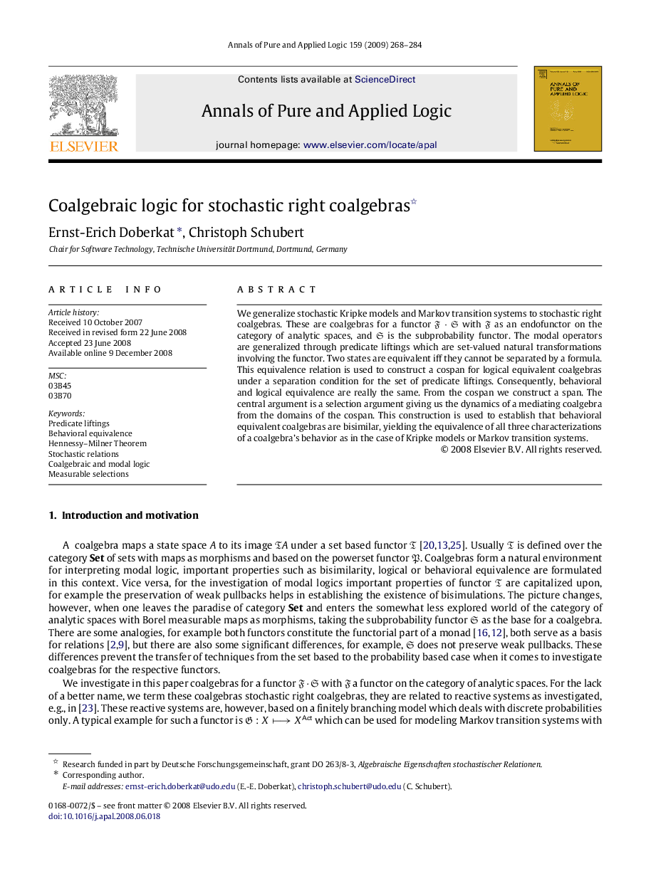 عکس صفحه اول مقاله: Coalgebraic logic for stochastic right coalgebras Coalgebraic logic for stochastic right coalgebras