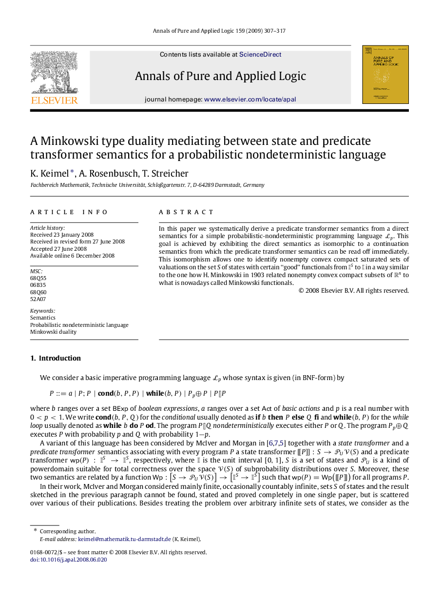 A Minkowski type duality mediating between state and predicate transformer semantics for a probabilistic nondeterministic language