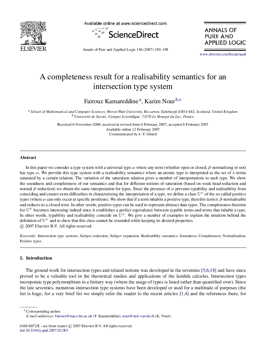 A completeness result for a realisability semantics for an intersection type system