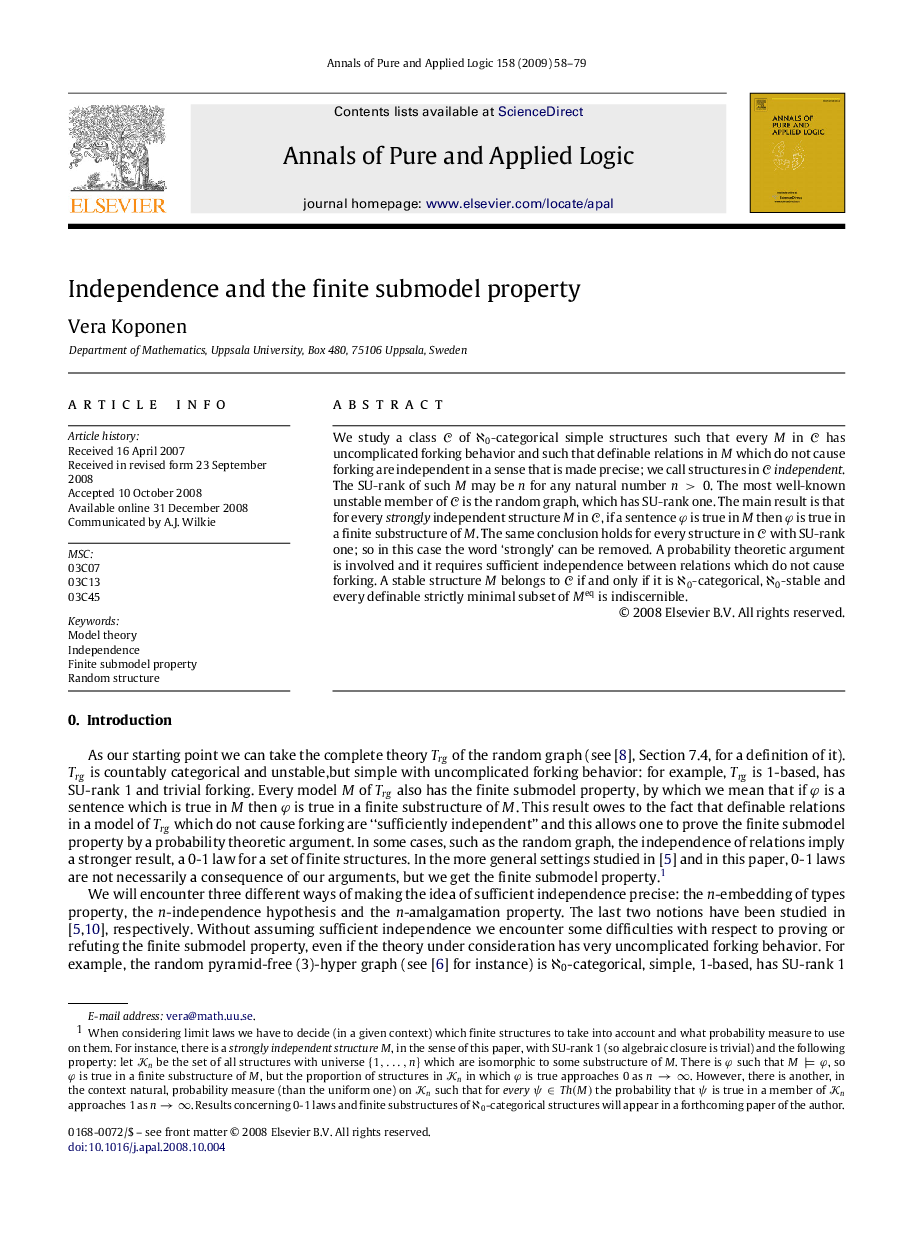 عکس صفحه اول مقاله: Independence and the finite submodel property Independence and the finite submodel property