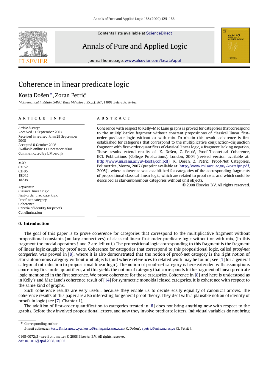 عکس صفحه اول مقاله: Coherence in linear predicate logic Coherence in linear predicate logic