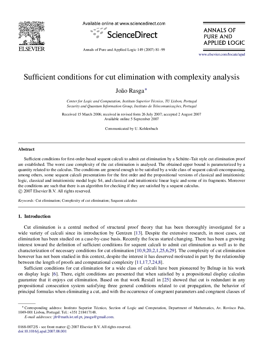 Sufficient conditions for cut elimination with complexity analysis