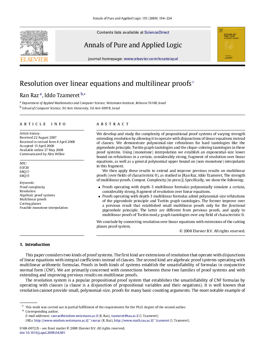 عکس صفحه اول مقاله: Resolution over linear equations and multilinear proofs Resolution over linear equations and multilinear proofs
