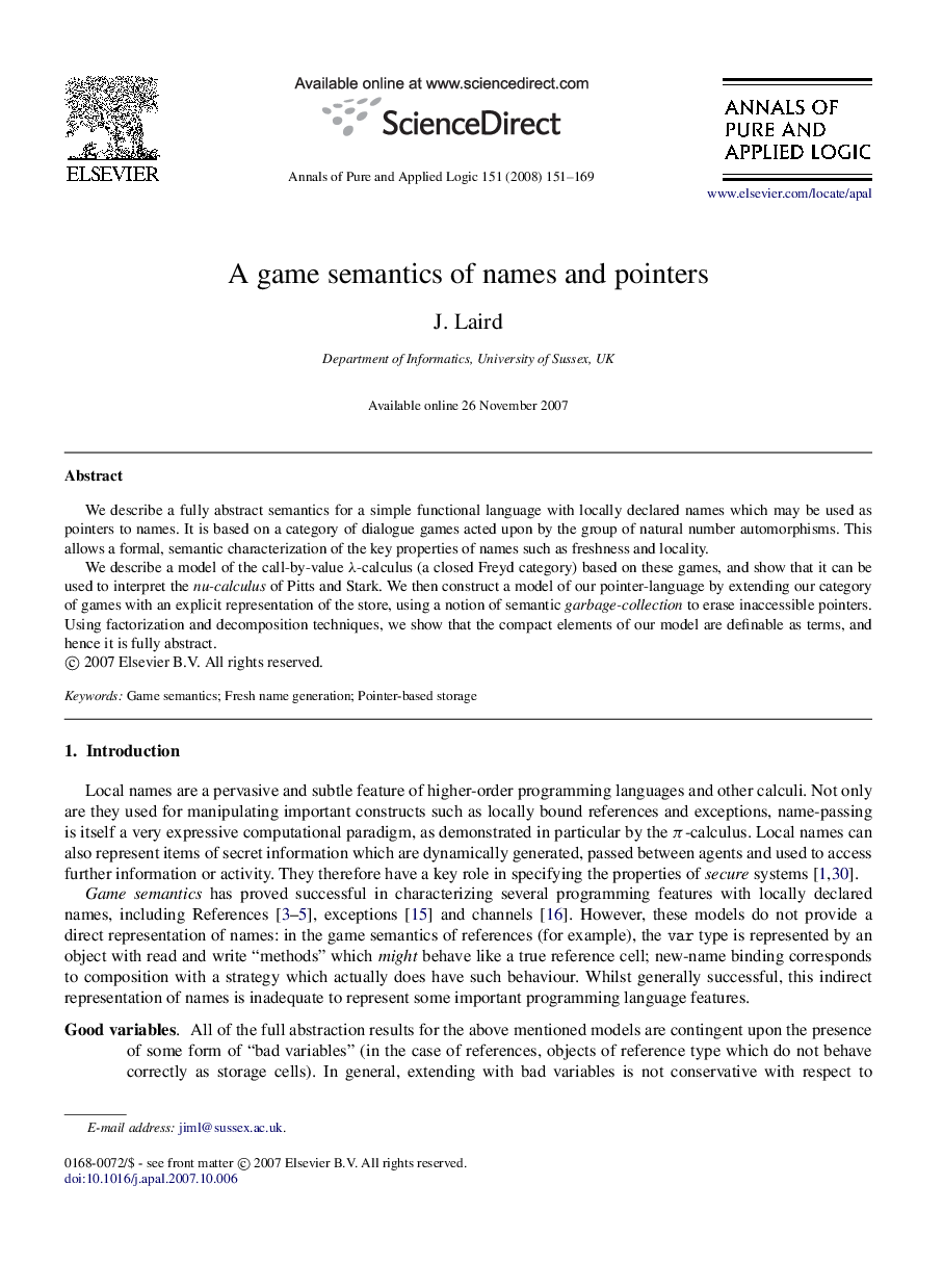 A game semantics of names and pointers