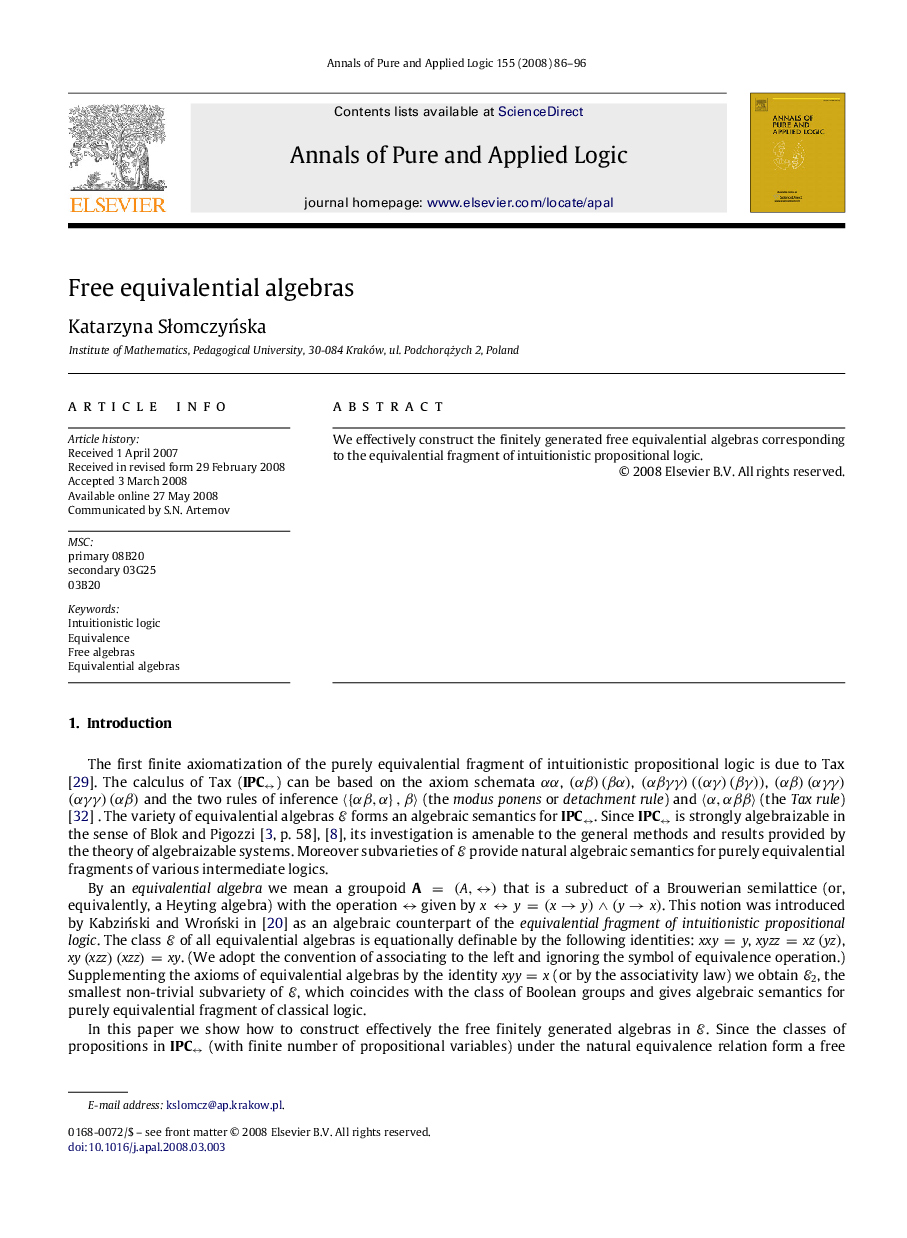 عکس صفحه اول مقاله: Free equivalential algebras Free equivalential algebras