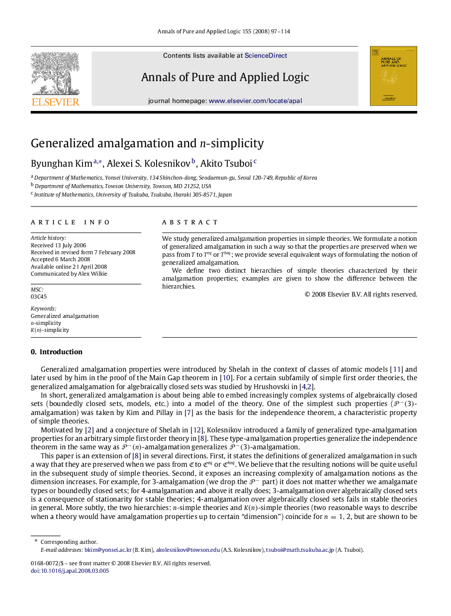 عکس صفحه اول مقاله: Generalized amalgamation and n-simplicity Generalized amalgamation and n-simplicity
