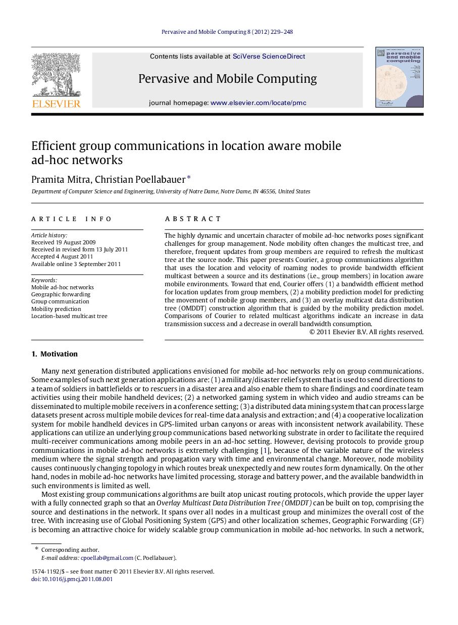 Efficient group communications in location aware mobile ad-hoc networks