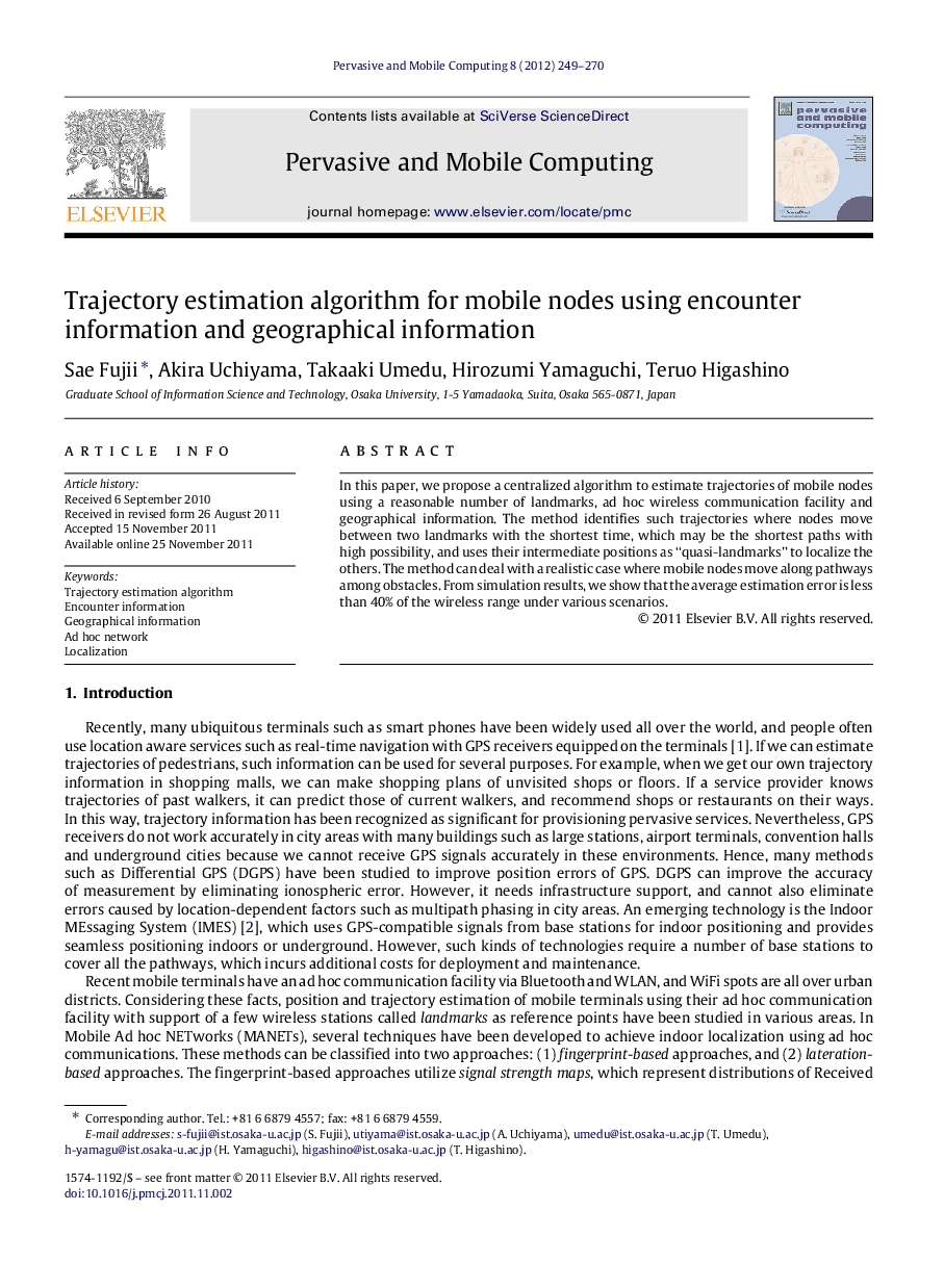 Trajectory estimation algorithm for mobile nodes using encounter information and geographical information